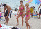 Pink Bikini Babes Walking On Hot Beach Sands